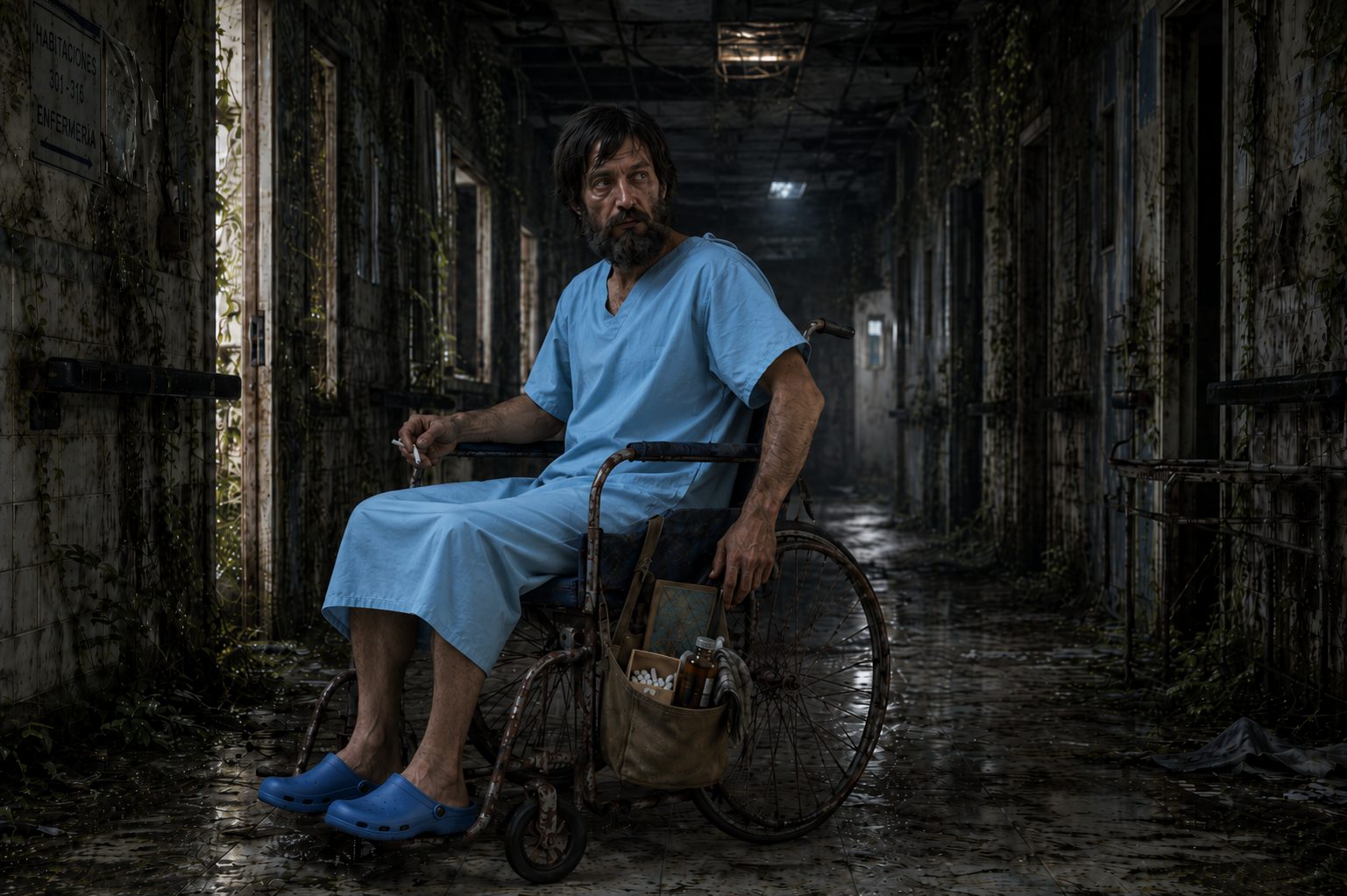 Anxo na súa cadeira de rodas nun corredor do hospital